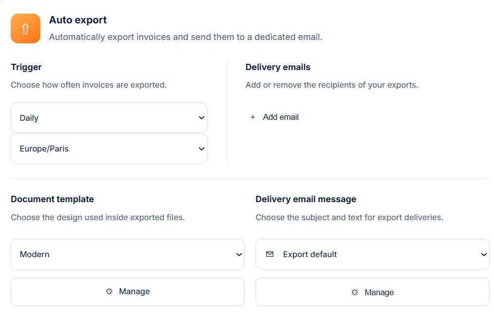Automatic accounting export settings