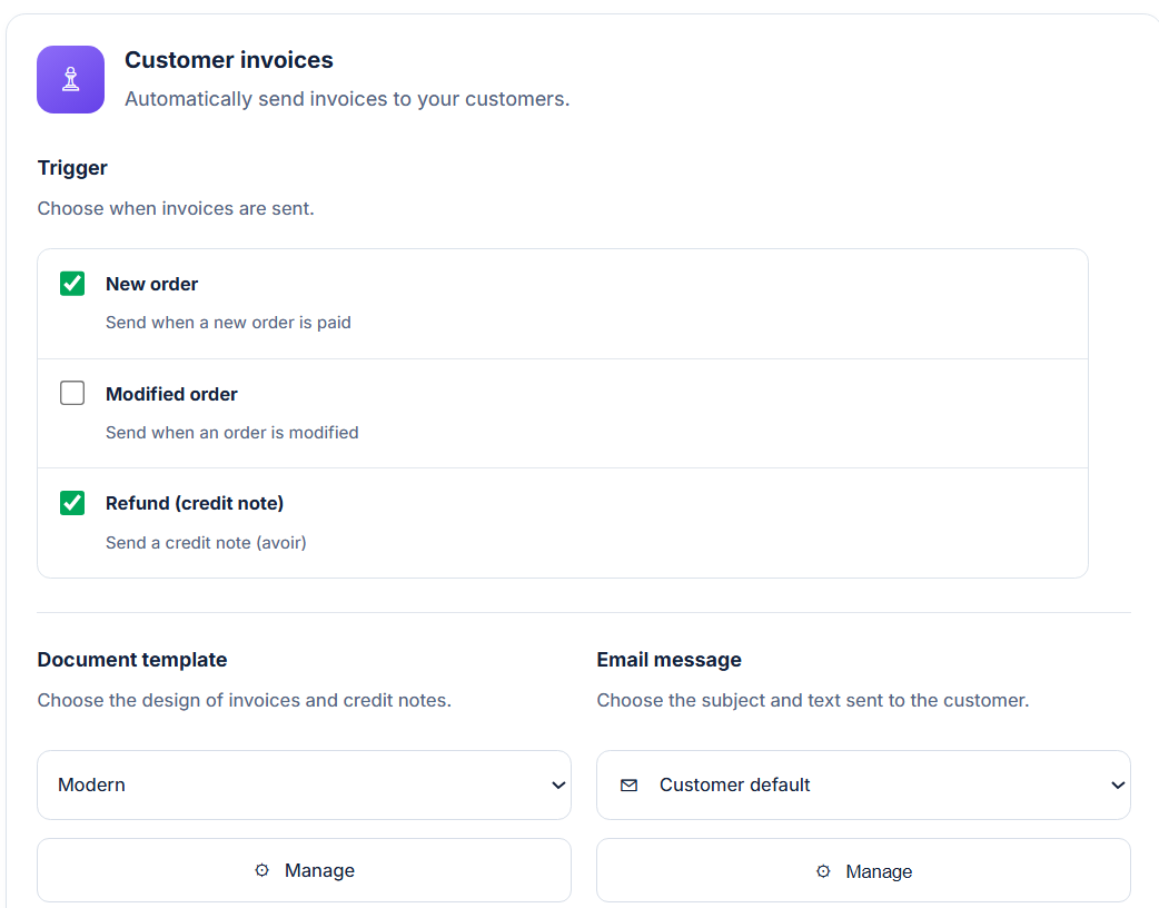 Automatic customer invoice delivery settings