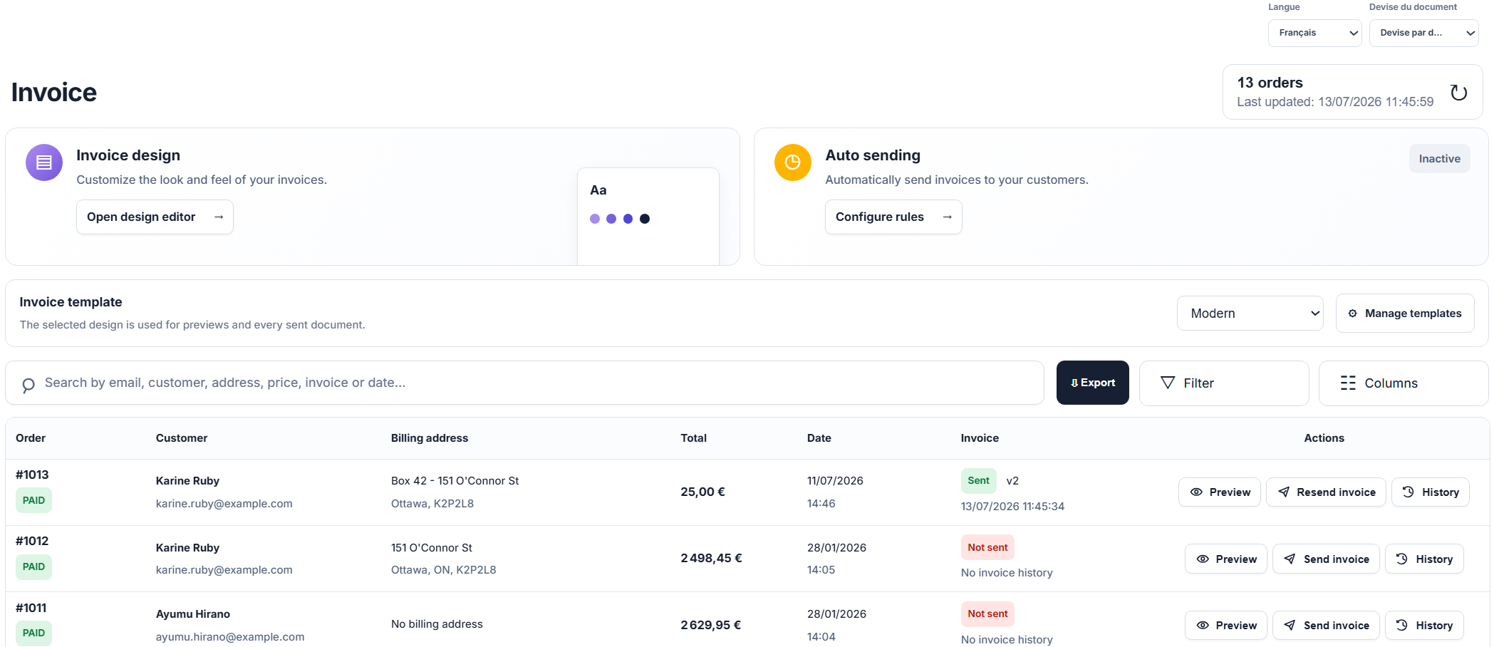 Invoice dashboard with Shopify orders and document actions