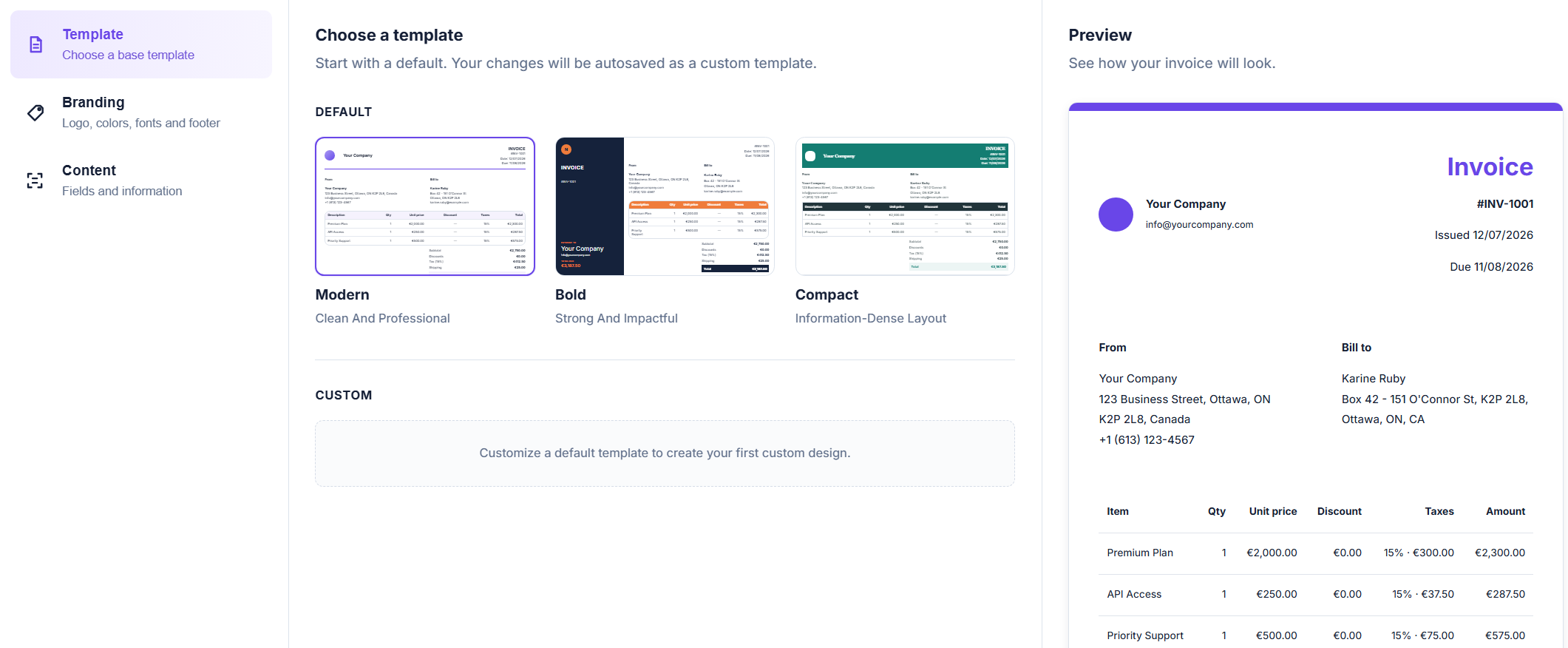 Invoice template design editor and live preview