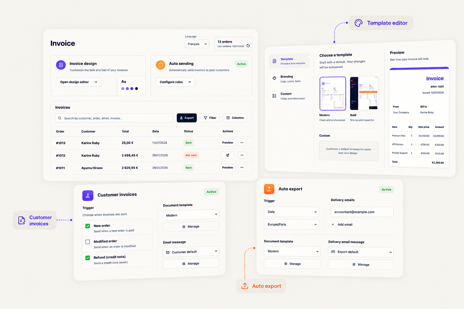 Navelis Invoice dashboard, template editor, customer invoice automation, and accounting export interface